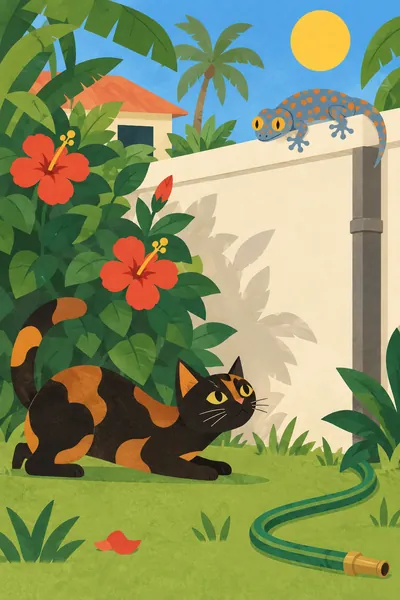 Illustration: Laka, drawn as a black and ginger cat with yellow eyes, crouches in the garden and watches a gecko on the wall.