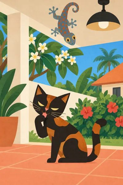 Illustration: Laka sits on a sunny veranda and licks her paw while the gecko hangs from the ceiling.