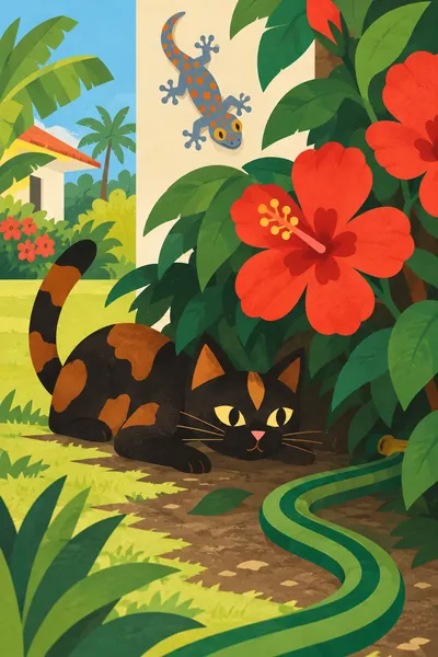 Illustration: Laka creeps low under a bush with big red flowers, eyes wide.