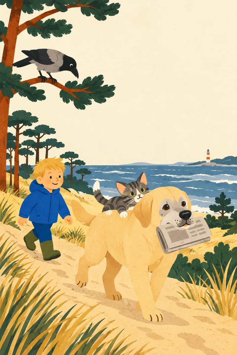 Book cover: an old yellow Labrador carries a newspaper along a sandy dune path, a grey kitten rides on his back, a crow watches from a pine tree and a boy follows behind.