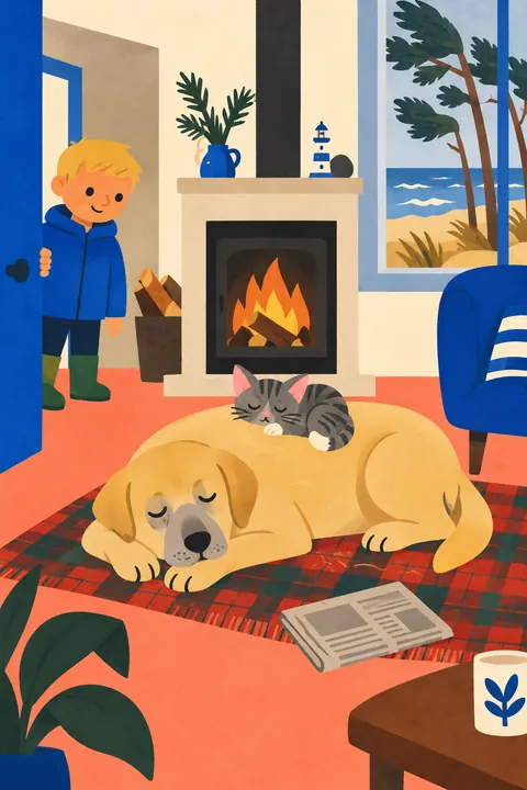 Tim the Labrador asleep on a tartan blanket by the fire, with the kitten Marta curled up on his back.