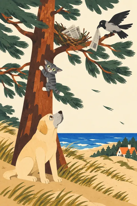 The kitten clings to a pine trunk while Tim looks up at her and a crow holds the newspaper in the branches.