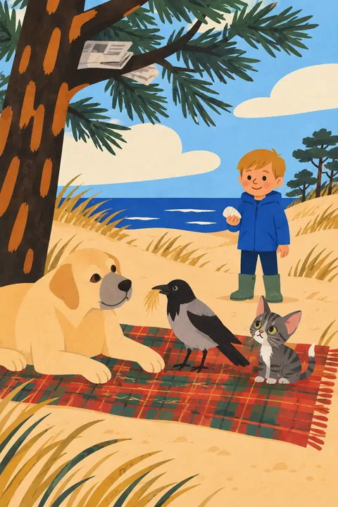 On the dune, the crow stands on Tim's tartan blanket next to Tim and the kitten, while the boy Lev watches.