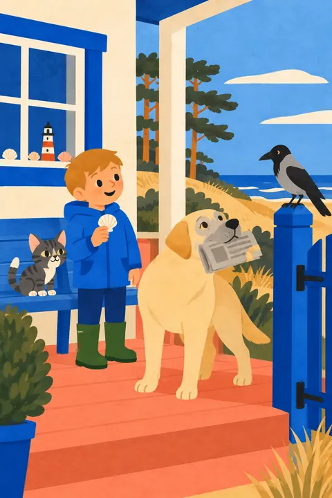 The next morning on the porch: Tim holds the newspaper and nods to the crow on the gatepost, while Lev holds a shell.
